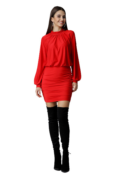 Sukienka Mini Długi Szeroki Rękaw Marszczenia Z Tyłu Zamek - czerwona